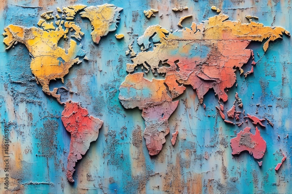 Poster A vintage-style map of the world painted on a rusty wall, great for adding a touch of nostalgia to any setting