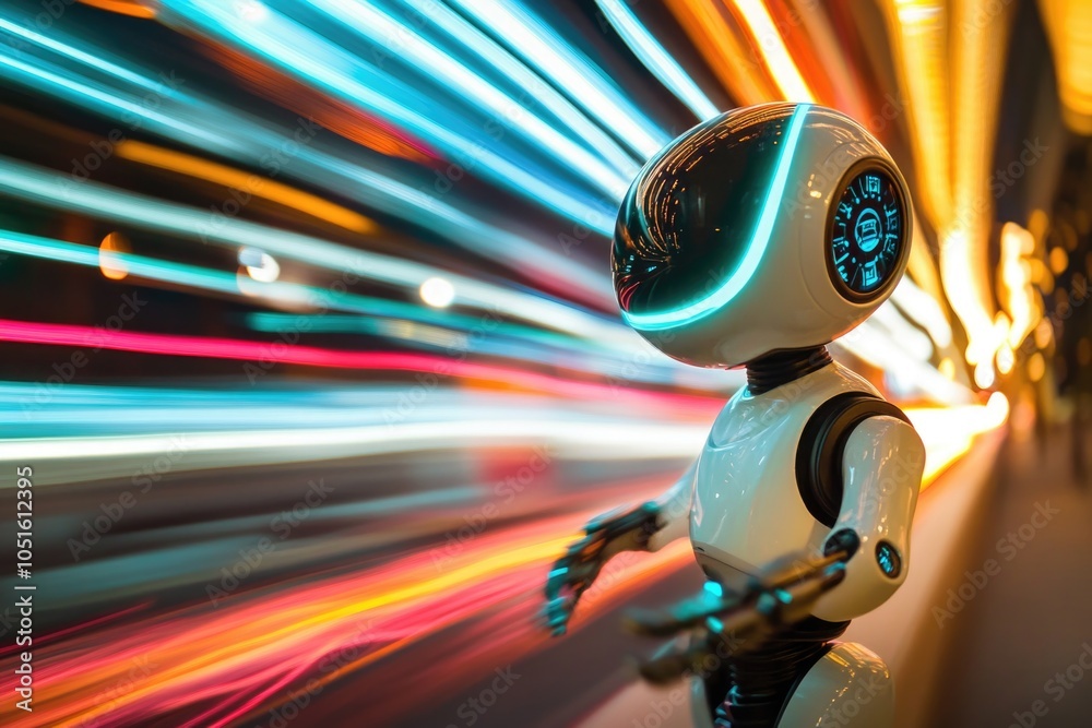 Poster a futuristic white robot with a bright blue light on its face, suitable for sci-fi and technology-th