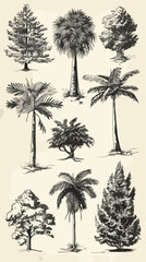  Set of hand drawn tree sketches - oak, palm tree, willow, pine, cypress, baobab, birtch maple spruce