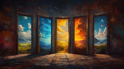 Surreal Scene with Multiple Doors to Different Worlds
