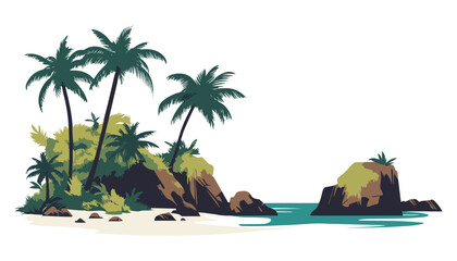 Scenic Palm Trees and Rocky Beach Landscape - Tropical Island Vector Art