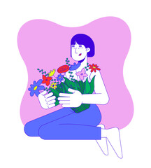 Celebrating resilience after mastectomy 2D illustration concept. Breast cancer survivor asian woman embracing florals cartoon character isolated on white. Metaphor abstract flat vector graphic