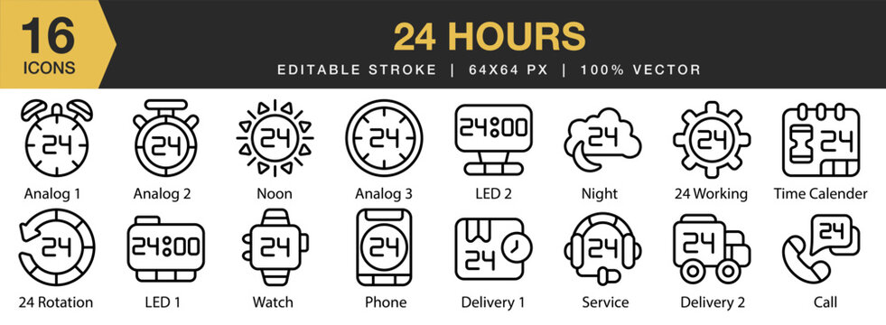 24 Hours icon set. Editable Stroke Icon Collection. Includes rotation, working, analog, call, delivery, led, and More. Outline icons vector collection.