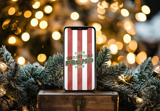 Christmas smartphone mockup with festive lights and fir branches, AI-Generated.