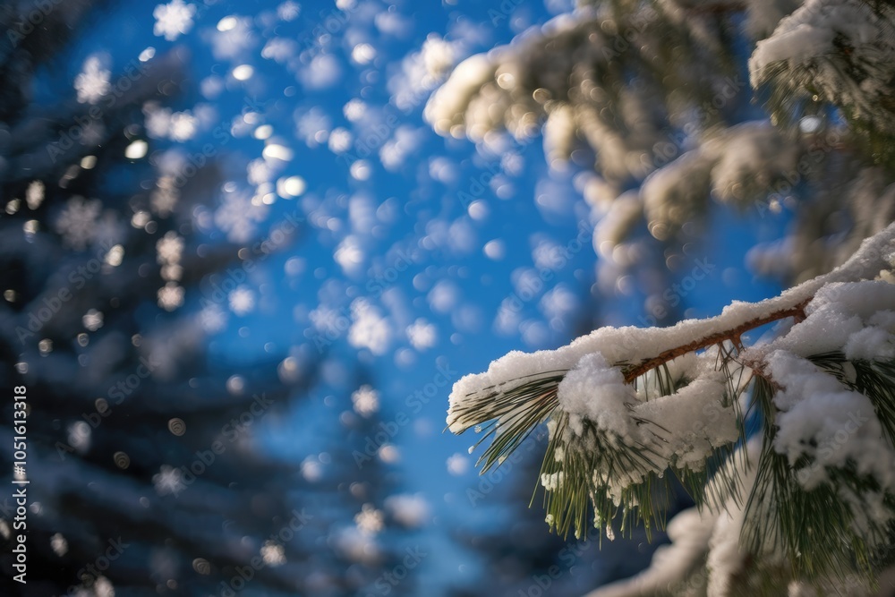Poster snow covered pine branch against a blue sky with bokeh effect
