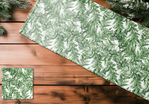 Rustic Christmas fabric mockup on wooden background with pine branches, AI-Generated