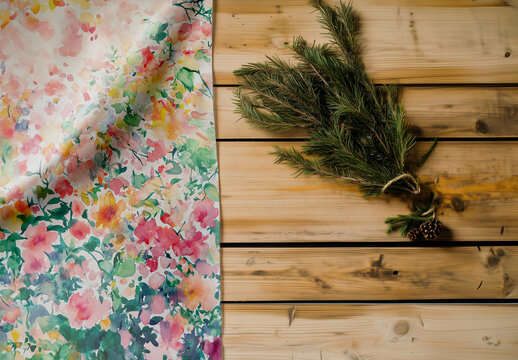 Rustic Christmas mockup with fabric and pine branches on wooden background, AI-Generated