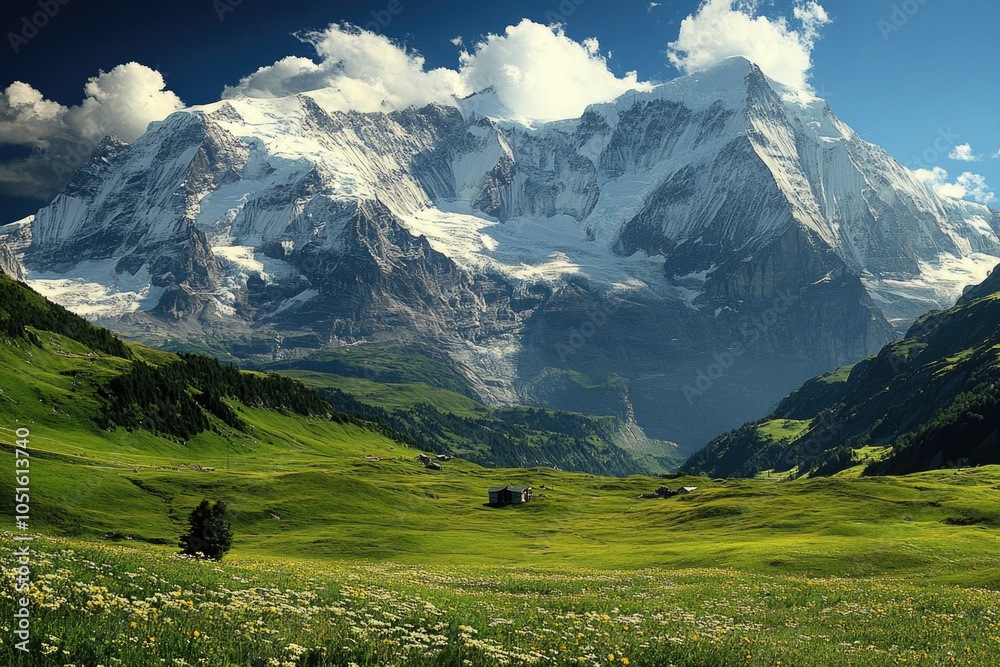 Poster a serene landscape of a mountain range with snow-capped peaks in the distance, perfect for use in tr