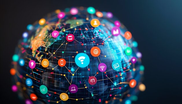 Creative 3D rendering of a world map globe with vibrant digital user icons linked by lines