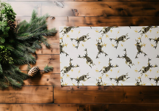 Christmas fabric mockup with pine branches on rustic wood, AI-Generated