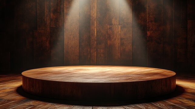 Wooden podium with engraved details, spotlighted on a stage, adding an air of sophistication.