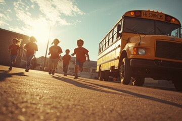 Happy kids run towards the school bus at sunset, ready for a fun day of learning.