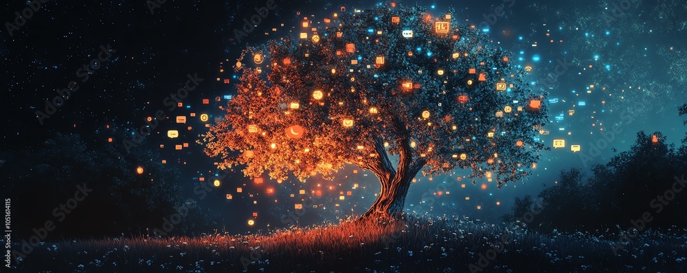 Fototapete Detailed image of a digital lineage tree adorned with user icons and speech bubbles