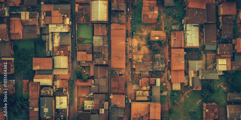 Poster aerial view of a bustling city with many buildings, perfect for use in urban planning or architectur