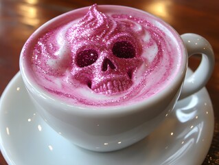 Pink Glitter Skull Latte Art on White Cup