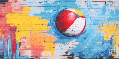 Obraz premium Graffiti-style painting of a colorful beach ball on a vibrant wall with blue, yellow, and pink splatters.