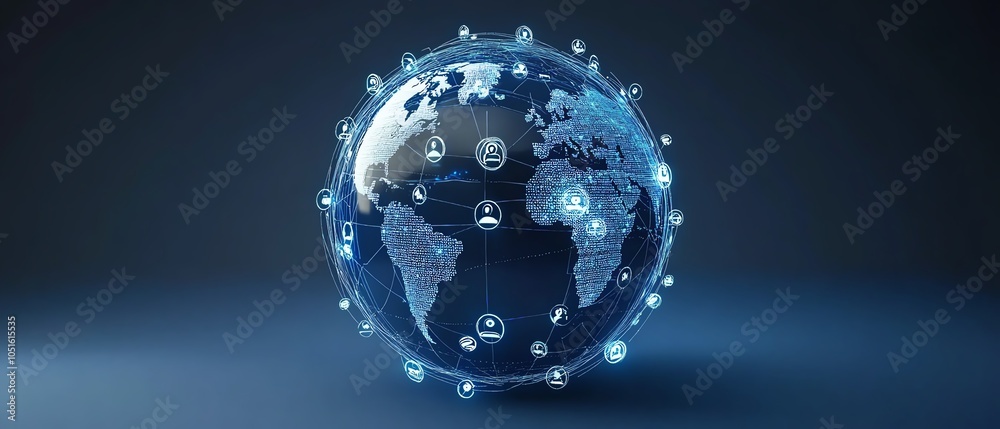 Fototapete eyecatching 3d visualization of a globe with digital user icons connected by lines, highlighting glo