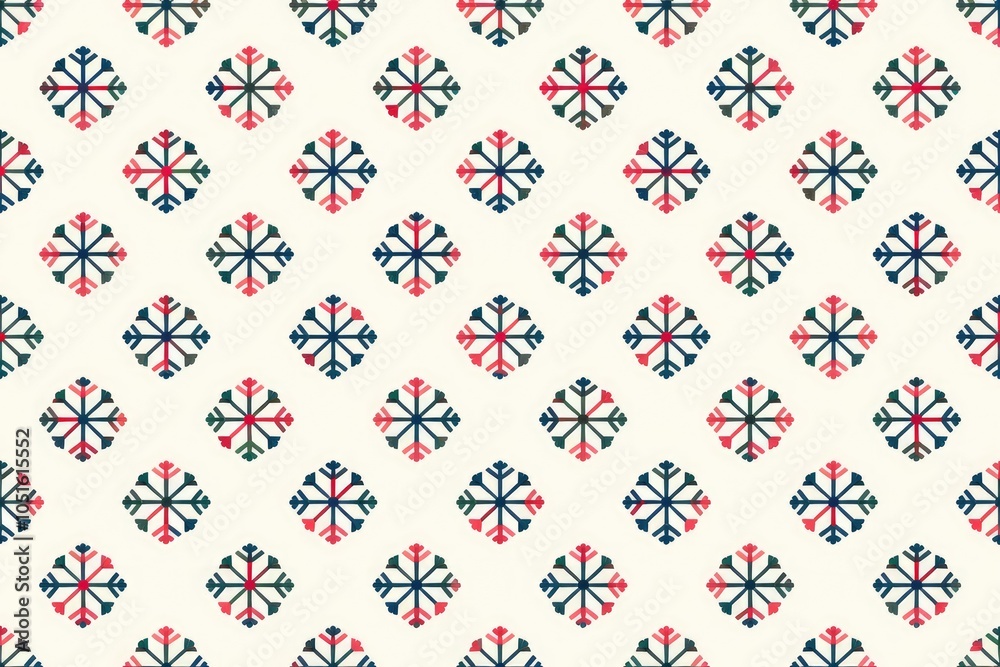 Poster A repeating pattern of red and blue snowflakes on a white background.