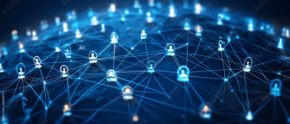 Leinwandbilder Eyecatching 3D visualization of a globe with digital user icons connected by lines, highlighting global communication and social networking themes on a deep dark blue background