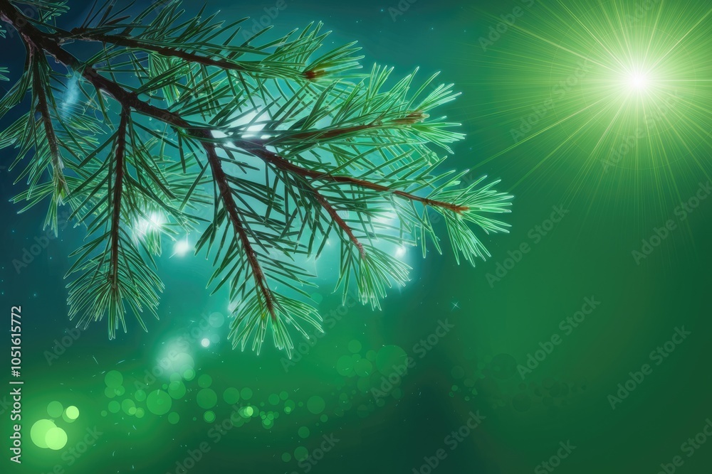 Poster a single pine branch against a green and blue background with bokeh and sunbeams.