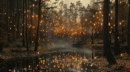 Obraz premium Glowing Lights in Tranquil Forest Reflection