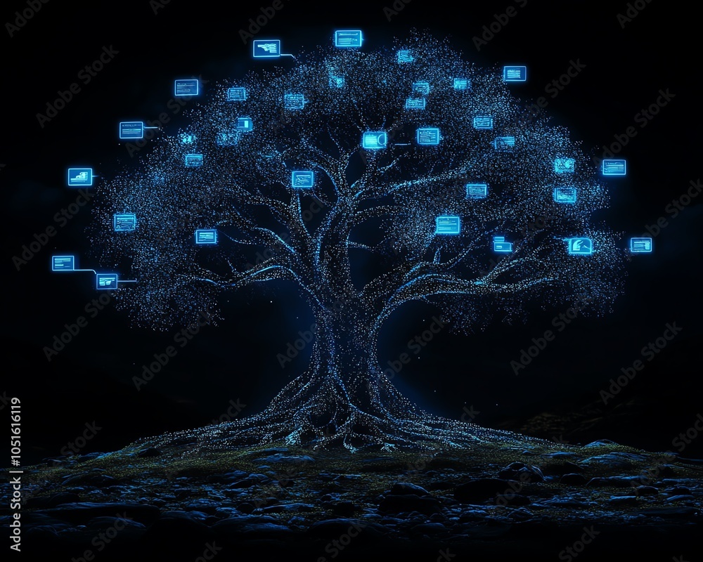 Fototapete innovative 3d visualization of a lineage tree with digital graphic user icons and speech bubbles