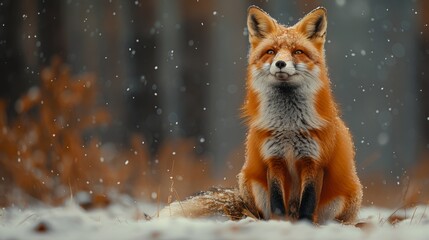 Fototapeta premium Winter season. A red fluffy fox with black paws sits against the background of a winter forest