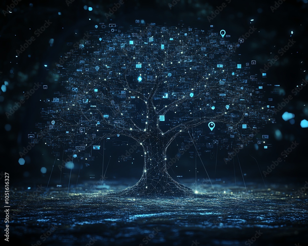 Leinwandbilder Innovative 3D visualization of a lineage tree with digital graphic user icons and speech bubbles
