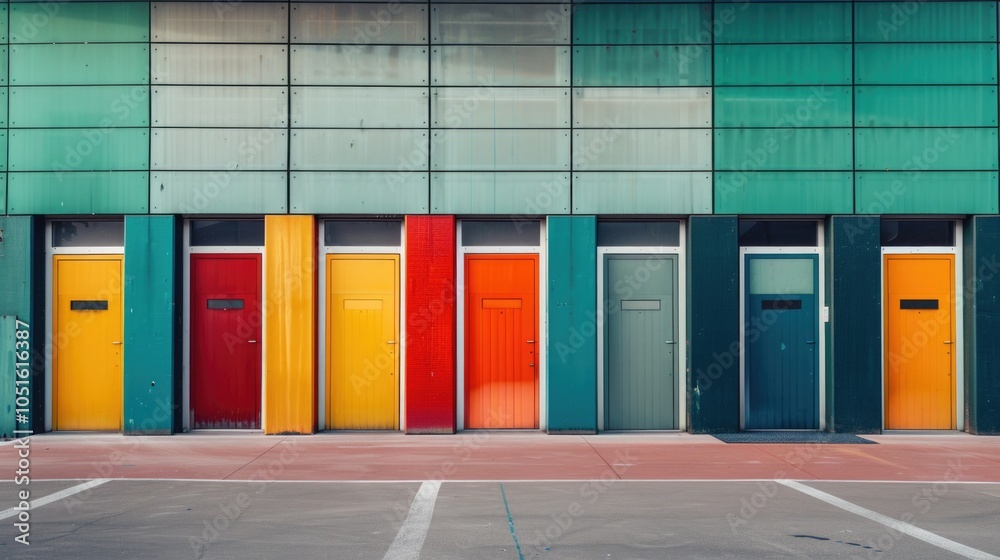 Poster a row of vibrant doors in various colors on the exterior of a building