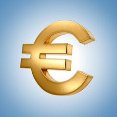 Obraz premium Gold euro sign. EUR euro currency symbol isolated on blue background. 3D illustration. 3D render.