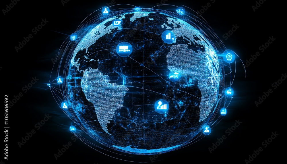 Poster Professional 3D rendering of a globe with digital user icons linked by lines