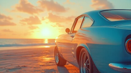 Vintage car by the beach at sunset.