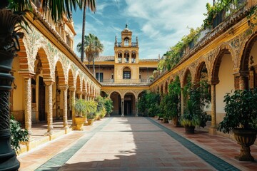 Fototapeta premium A quiet courtyard with a beautiful clock tower in the background, suitable for use in historical or cultural context