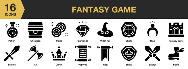 Fantasy Game solid icon set. Includes witch hat, swords, shield, ring, potion, and More. Solid icons vector collection. © spacepixel