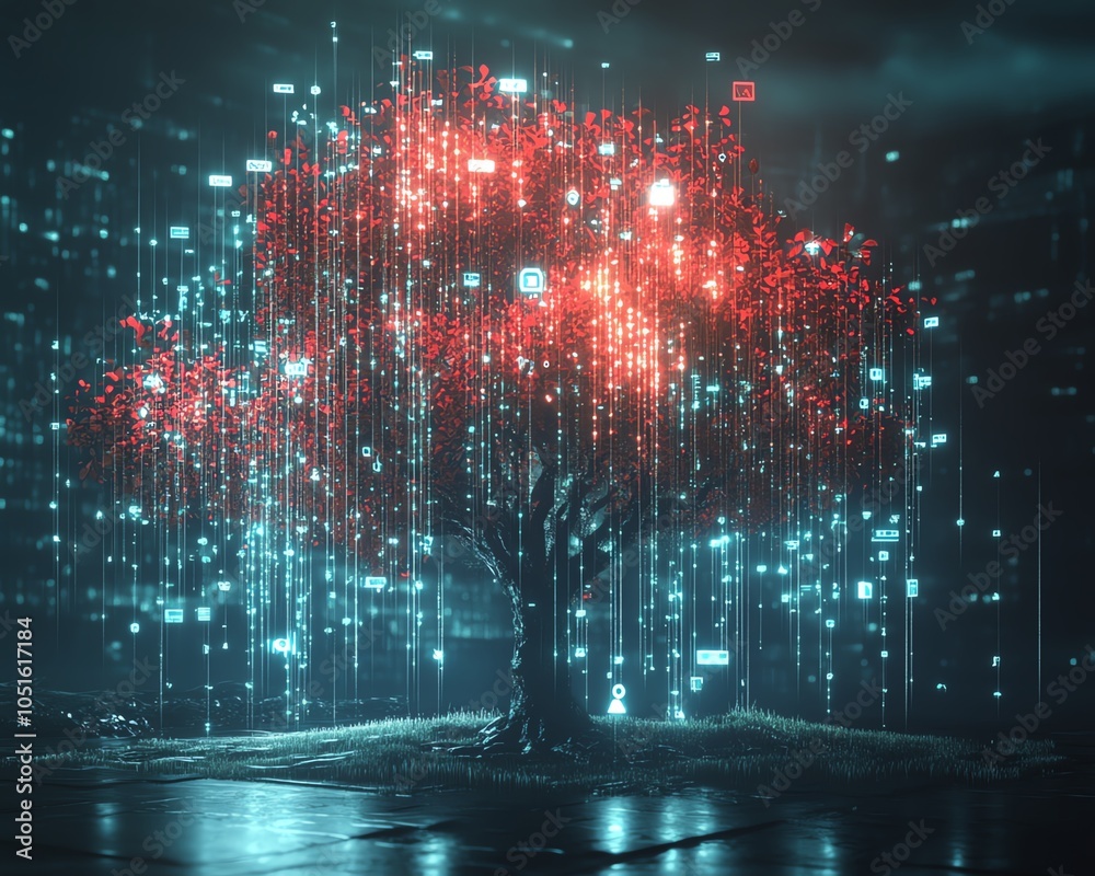 Fototapete stunning 3d rendering of a digital graphic lineage tree showcasing user and speech bubble symbols