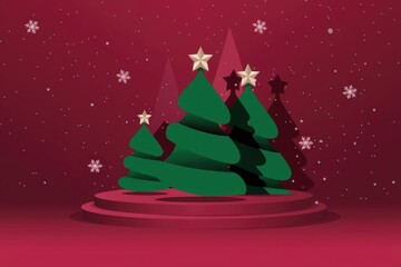 Three Christmas trees with stars on a red background with snowflakes