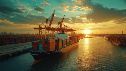 Obraz premium A large cargo ship is docked at a port