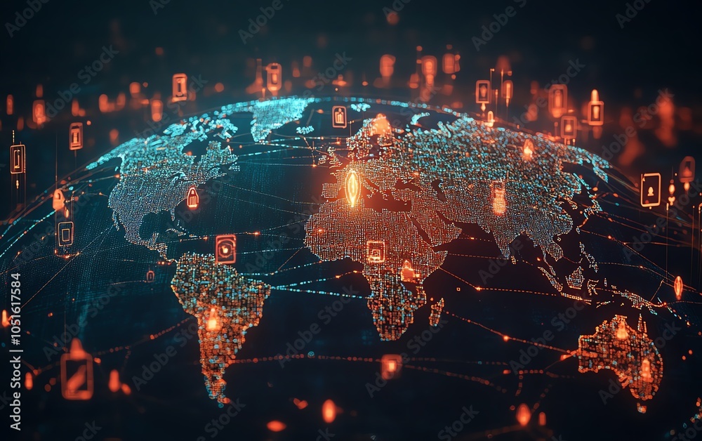 Poster Stunning 3D rendering of a world map globe with digital user icons connected by lines
