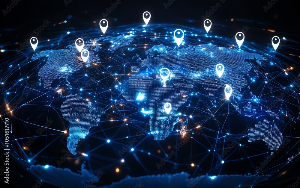Poster Stunning 3D rendering of a world map globe with digital user icons connected by lines