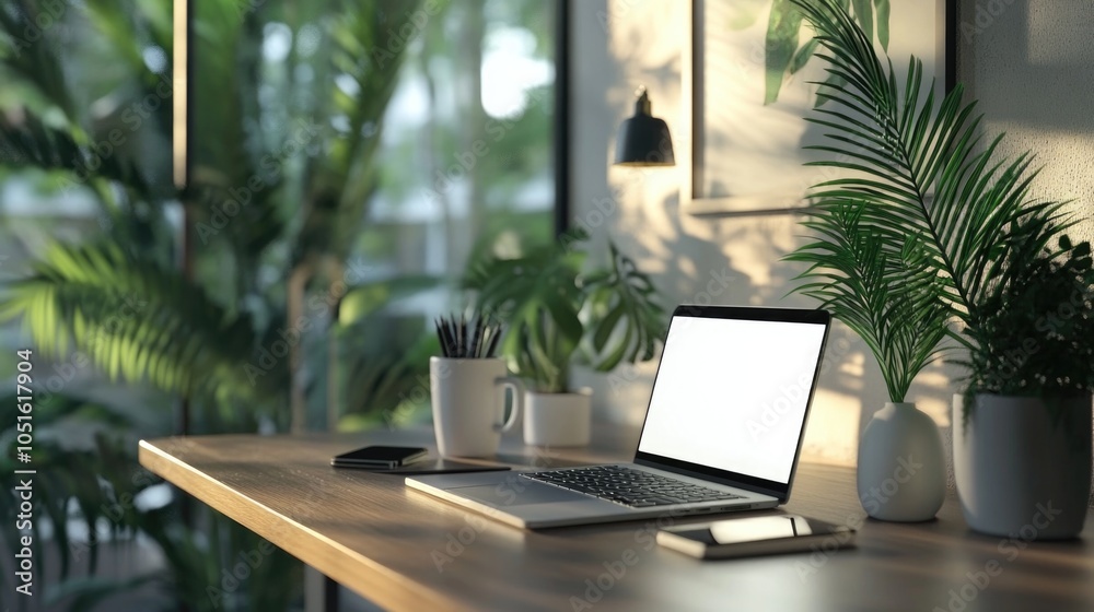 Poster a laptop computer placed on a wooden desk, ready for use