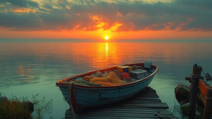 Fototapeta premium A solitary fishing boat at sunset on a calm lake