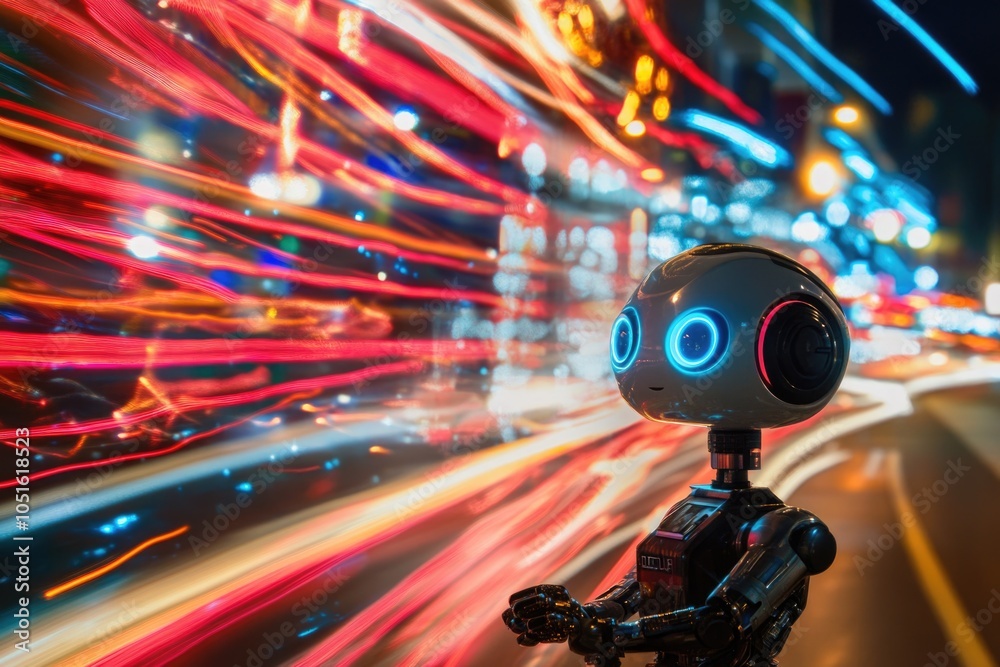 Poster a robot with a bright blue light on its face, great for tech and futuristic concepts