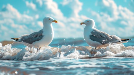 Obraz premium Two seagulls stand in the surf on a sunny day