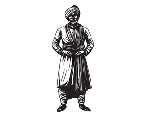 Full Body Vintage Woodcut Illustration of Indian Man in Traditional Attire