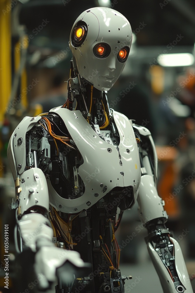 Poster a robot with glowing eyes standing in a room