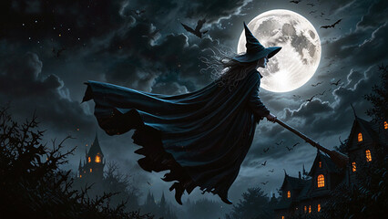 Through the Shadows: Witch’s Broomstick Flight Under a Full Moon