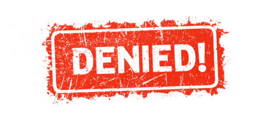 Red 'DENIED' stamp with a distressed grunge texture in a rectangular frame, symbolizing refusal or restriction on a white background