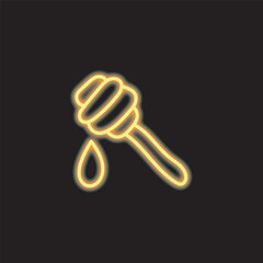 neon honey stick isolated on black background. Honey stick icon with glowing neon lines. Vector illustration.