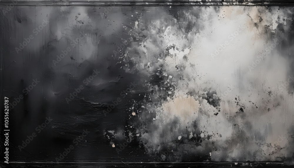 Poster dynamic abstract dark sky texture with bold white paint splashes and fluid smoky swirls, evoking cos