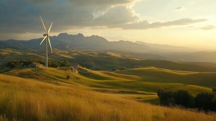 Obraz premium Scenic Landscape with Wind Turbine and Mountains